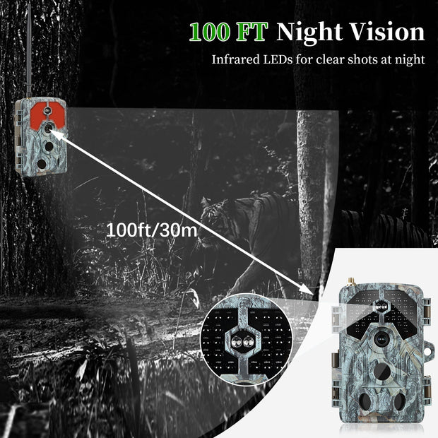 Blazevideo A106W 4K WIFI 64MP Trail Camera 100ft Night Vision Motion Activated 0.1S Trigger Speed No Glow Waterproof for Wildlife Observing & Backyard Security