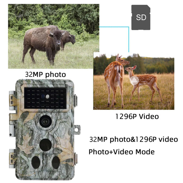 Game Trail & Farm Field Wildlife Camera 32MP 1296P HD Video 0.1s Fast Trigger Time Motion Activated Password Protected Waterproof Stealthy Camouflage
