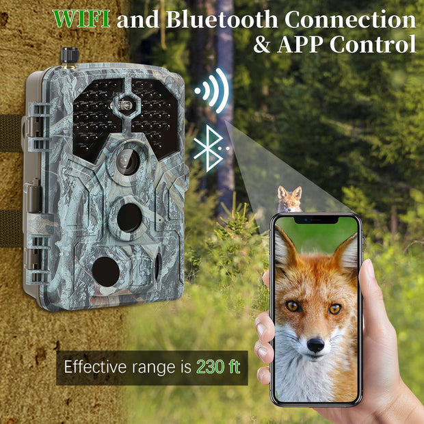 Blazevideo A106W 4K WIFI 64MP Trail Camera 100ft Night Vision Motion Activated 0.1S Trigger Speed No Glow Waterproof for Wildlife Observing & Backyard Security